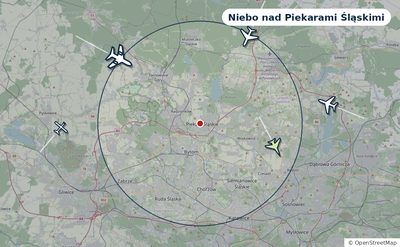 Mapa okolic miasta z sylwetkami samolotów — Niebo nad Piekarami Śląskimi na żywo