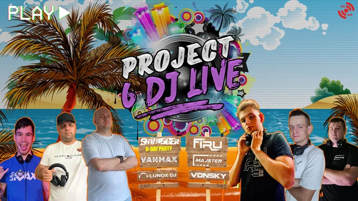Obrazek przedstawia grafikę promocyjną wydarzenia Live show sześciu DJ-ów — transmisja 6 września 2025 o 19:00