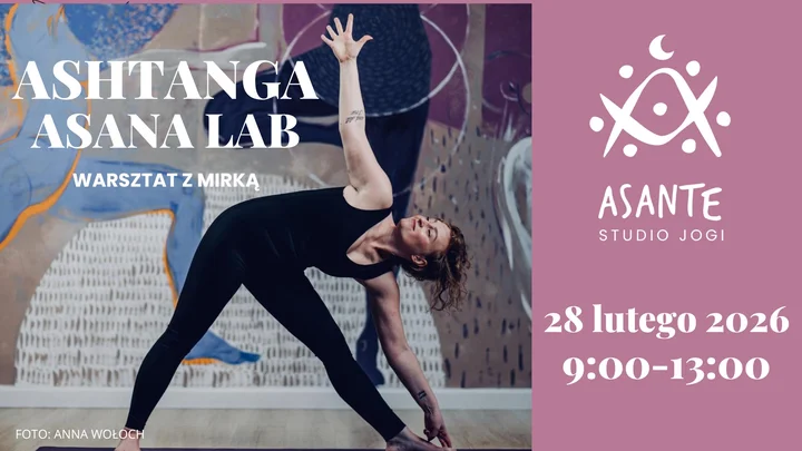 Grafika promocyjna wydarzenia Ashtanga Asana Lab — warsztaty uważnej praktyki jogi