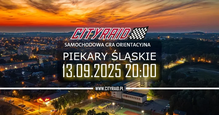 Obrazek przedstawia grafikę promocyjną wydarzenia Nocna samochodowa gra orientacyjna w Piekarach Śląskich
