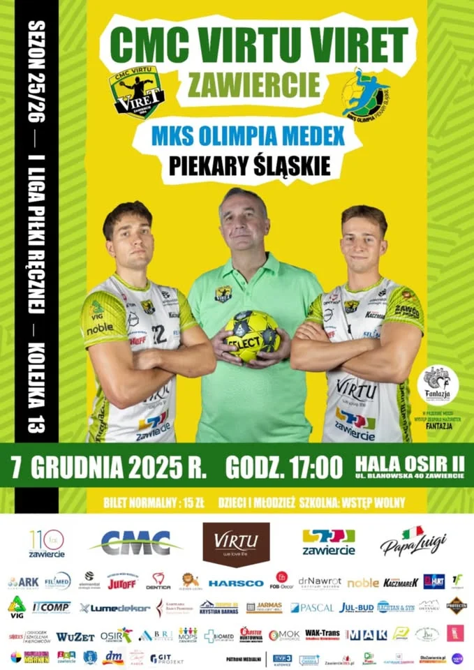 Grafika promocyjna wydarzenia CMC Virtu Viret Zawiercie – Olimpia MEDEX Piekary Śląskie: hit I Ligi w Zawierciu