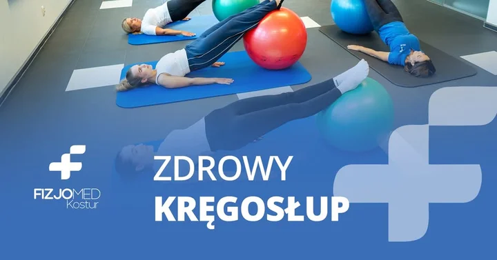 Grafika promocyjna wydarzenia Zdrowy Kręgosłup w Fizjomed Kostur — ćwiczenia dla lepszej postawy