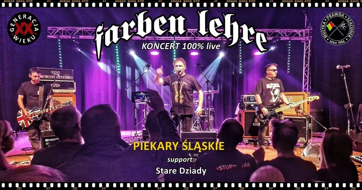 Obrazek przedstawia grafikę promocyjną wydarzenia Koncert Farben Lehre i Stare Dziady w Klubie Piekarnik
