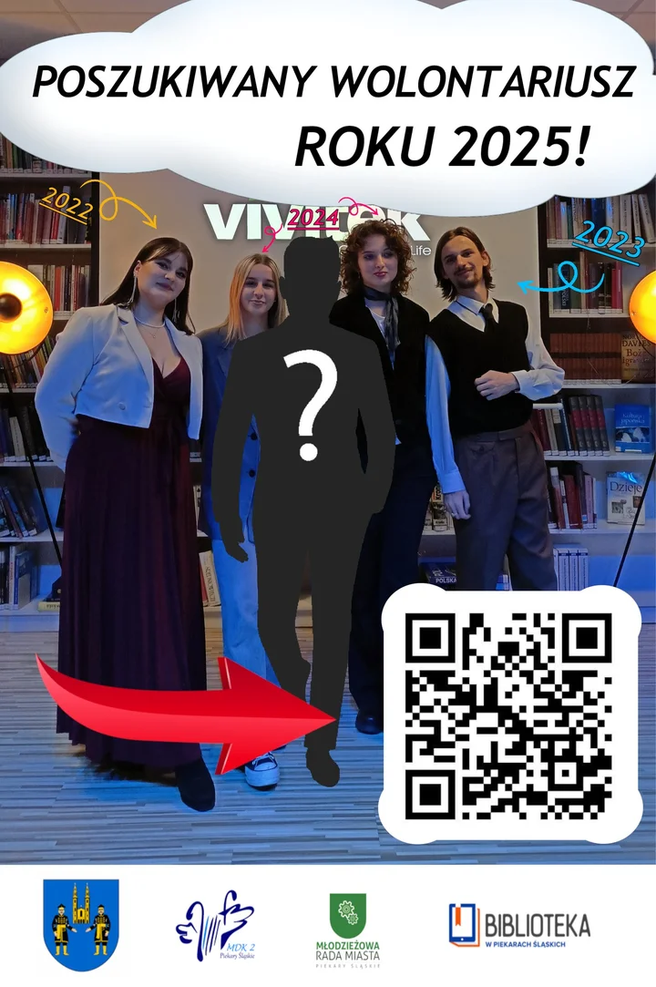 Grafika promocyjna wydarzenia IV Gala Młodzieżowego Wolontariatu w Piekarach Śląskich — nominacje do Młodzieżowego Wolontariusza Roku 2025