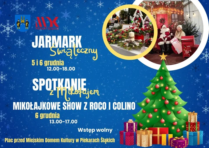 Grafika promocyjna wydarzenia Jarmark Świąteczny i Spotkanie z Mikołajem (MDK Piekary)