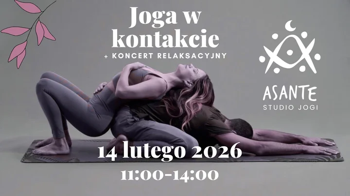 Grafika promocyjna wydarzenia Joga w kontakcie + koncert relaksacyjny — warsztat w parach i muzyka relaksacyjna