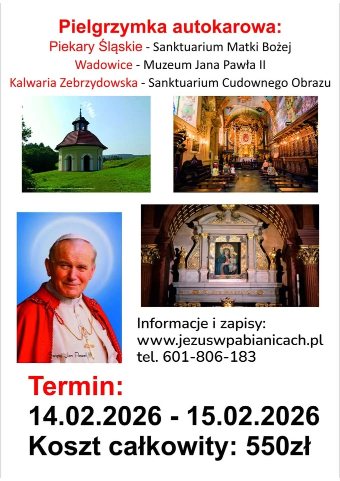 Grafika promocyjna wydarzenia Kalwaria Zebrzydowska, Wadowice i Piekary Śląskie — pielgrzymka autokarowa (14–15 lutego 2026)
