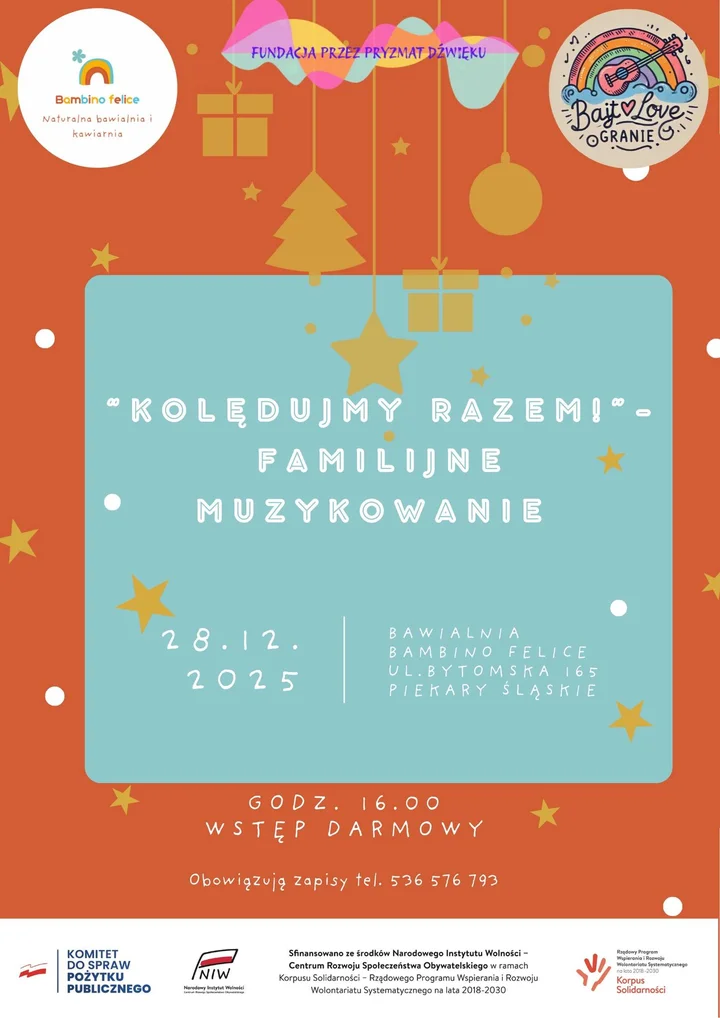 Grafika promocyjna wydarzenia Kolędujmy razem — familijne muzykowanie w Piekarach Śląskich