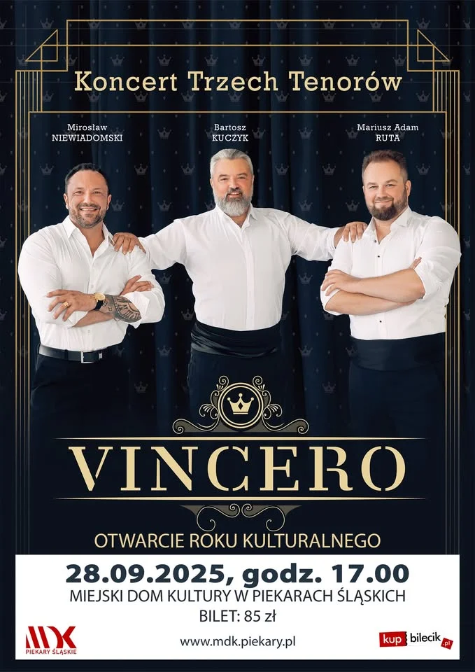 Obrazek przedstawia grafikę promocyjną wydarzenia Koncert trio tenorów Vincero — otwarcie Roku Kulturalnego