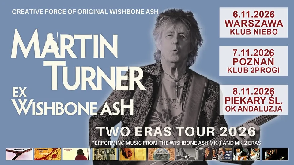 Grafika promocyjna wydarzenia Martin Turner ex-Wishbone Ash – Two Eras Tour w Piekarach Śląskich. Klasyczny rock w Ośrodku Kultury Andaluzja