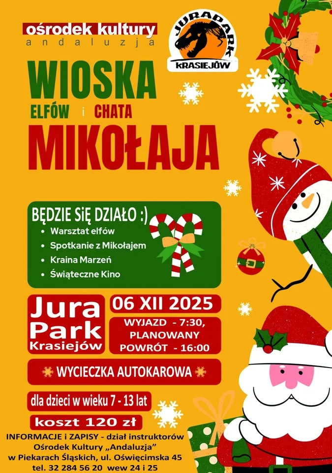 Grafika promocyjna wydarzenia Mikołaj 2025 — wycieczka do Jura Park Krasiejów z Ośrodkiem Kultury „Andaluzja”