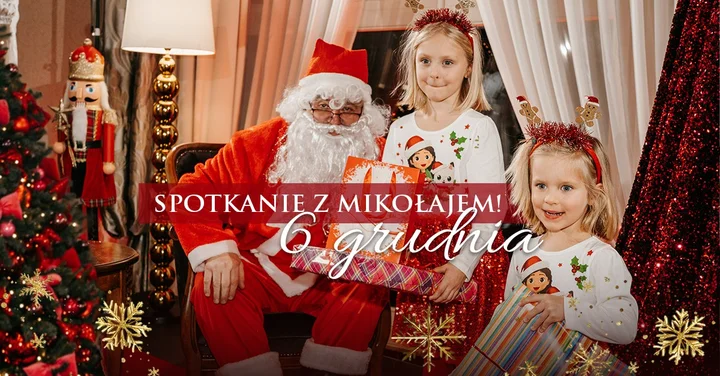 Grafika promocyjna wydarzenia Mikołajki dla Najmłodszych — Spotkanie z Mikołajem w Rezydencji Luxury Hotel