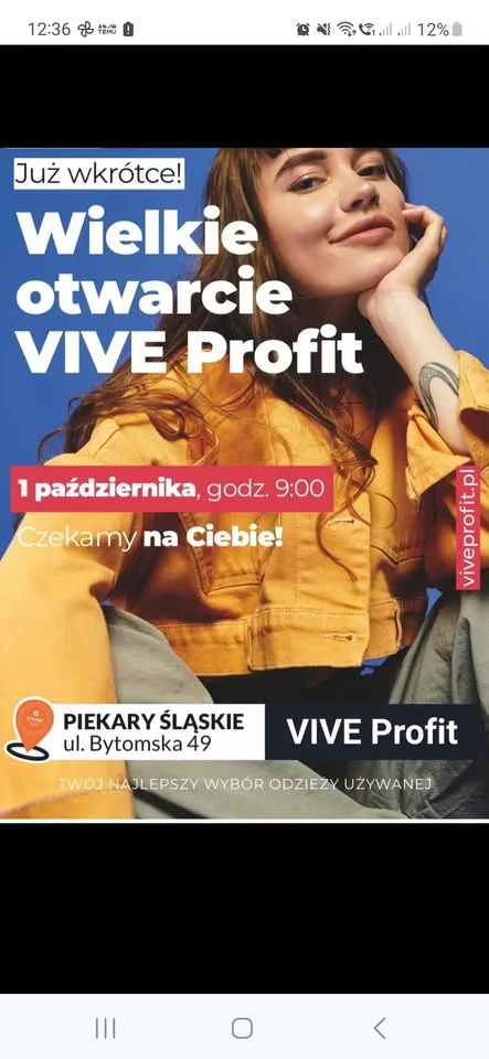 Obrazek przedstawia grafikę promocyjną wydarzenia Otwarcie nowego sklepu Vive Profit w Piekarach Śląskich