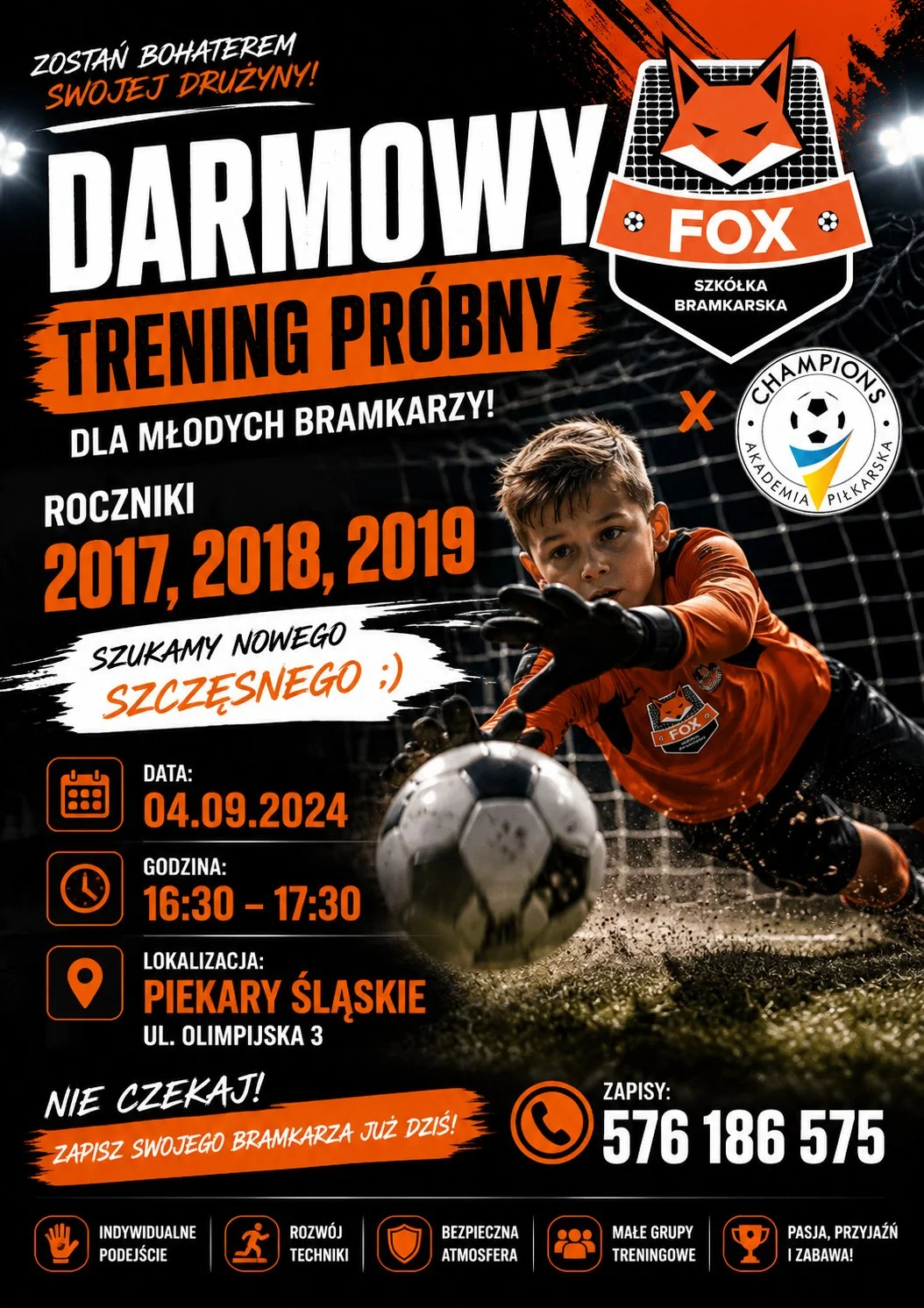 Grafika promocyjna wydarzenia Otwarty Trening bramkarski FOX – Piekary Śląskie