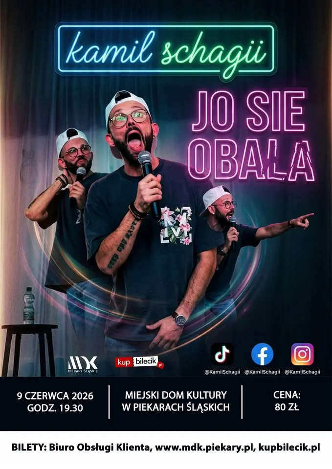 Grafika promocyjna wydarzenia Stand-up Schagii – „Jo sie obala” w MDK Piekary Śląskie