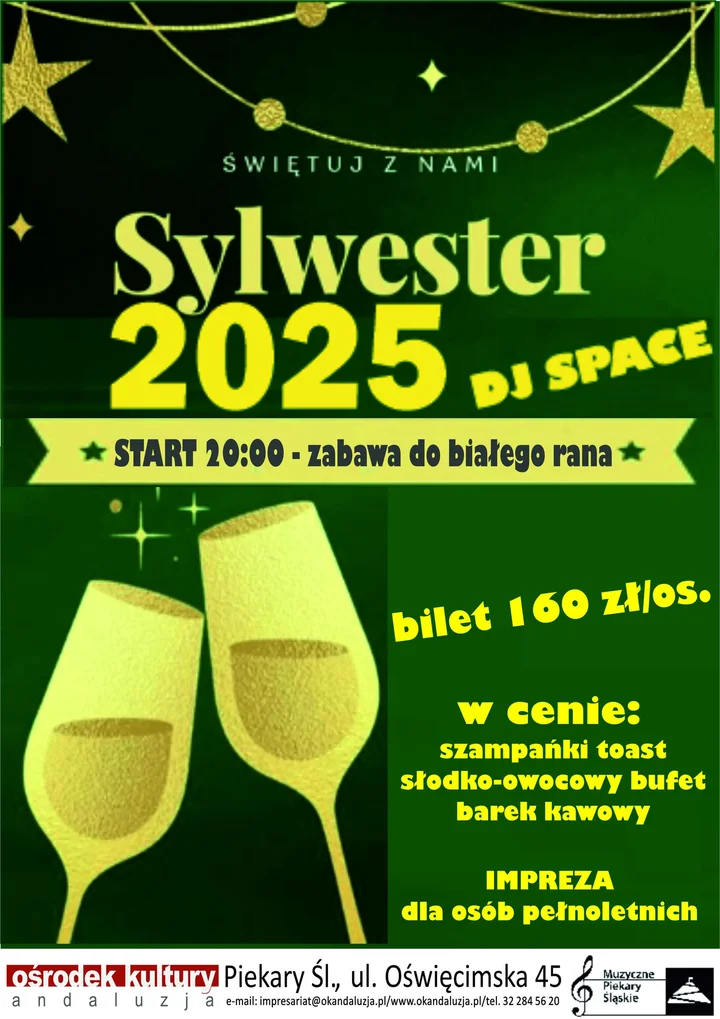 Grafika promocyjna wydarzenia SYLWESTER 2025 w Andaluzji — zabawa sylwestrowa z DJ Space