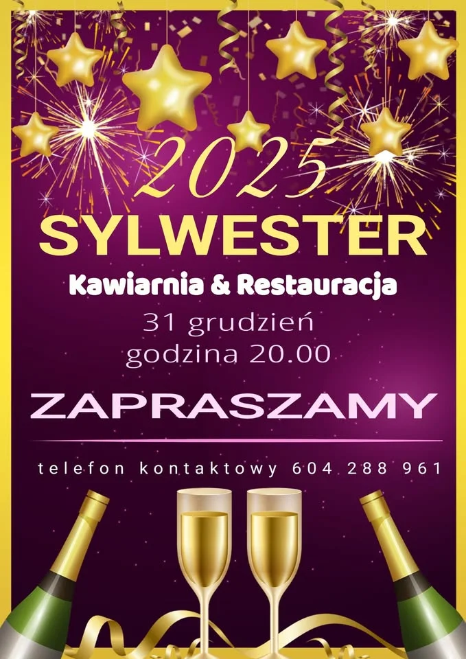 Grafika promocyjna wydarzenia Sylwester 2025 w Piekarach Śląskich — przywitanie nowego roku z kolacją i muzyką