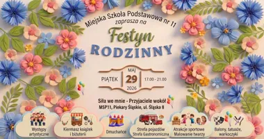 Grafika promocyjna wydarzenia Festyn Rodzinny w Piekarach Śląskich – rodzinne atrakcje przy ul. Śląskiej 8