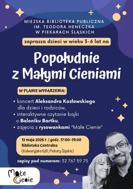 Grafika promocyjna wydarzenia Popołudnie z Małymi Cieniami z Aleksandrem Kozłowskim w Bibliotece Centralnej