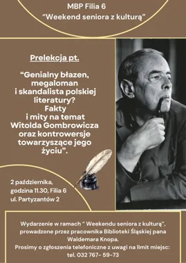 Grafika promocyjna wydarzenia Prelekcja o Witoldzie Gombrowiczu w Piekarach Śląskich