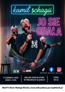 Grafika promocyjna wydarzenia Stand-up Schagii – „Jo sie obala” w MDK Piekary Śląskie