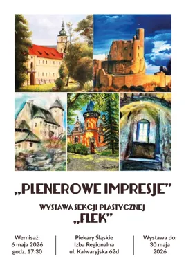 Grafika promocyjna wydarzenia Wernisaż „Plenerowe impresje” Sekcji Plastycznej Flek w Piekarach Śląskich