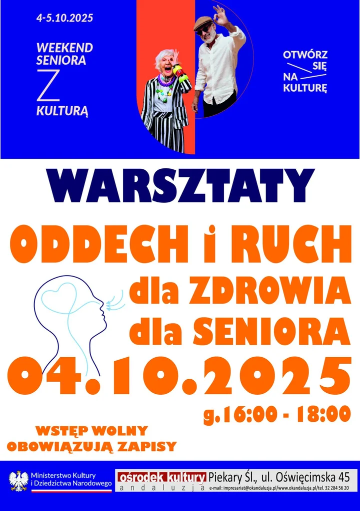 Obrazek przedstawia grafikę promocyjną wydarzenia Warsztaty oddechu i ruchu dla seniorów w Ośrodku Kultury Andaluzja