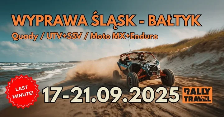 Obrazek przedstawia grafikę promocyjną wydarzenia Offroadowa wyprawa z Śląska nad Bałtyk — 17–21 września 2025