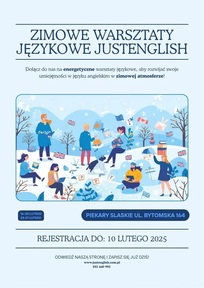 Grafika promocyjna wydarzenia Zimowe Warsztaty Językowe JustEnglish — ferie z angielskim w praktyce