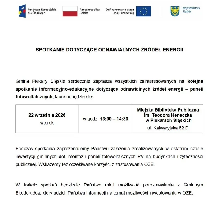 Fotowoltaika bez tajemnic - Piekary zapraszają na konkretne spotkanie
